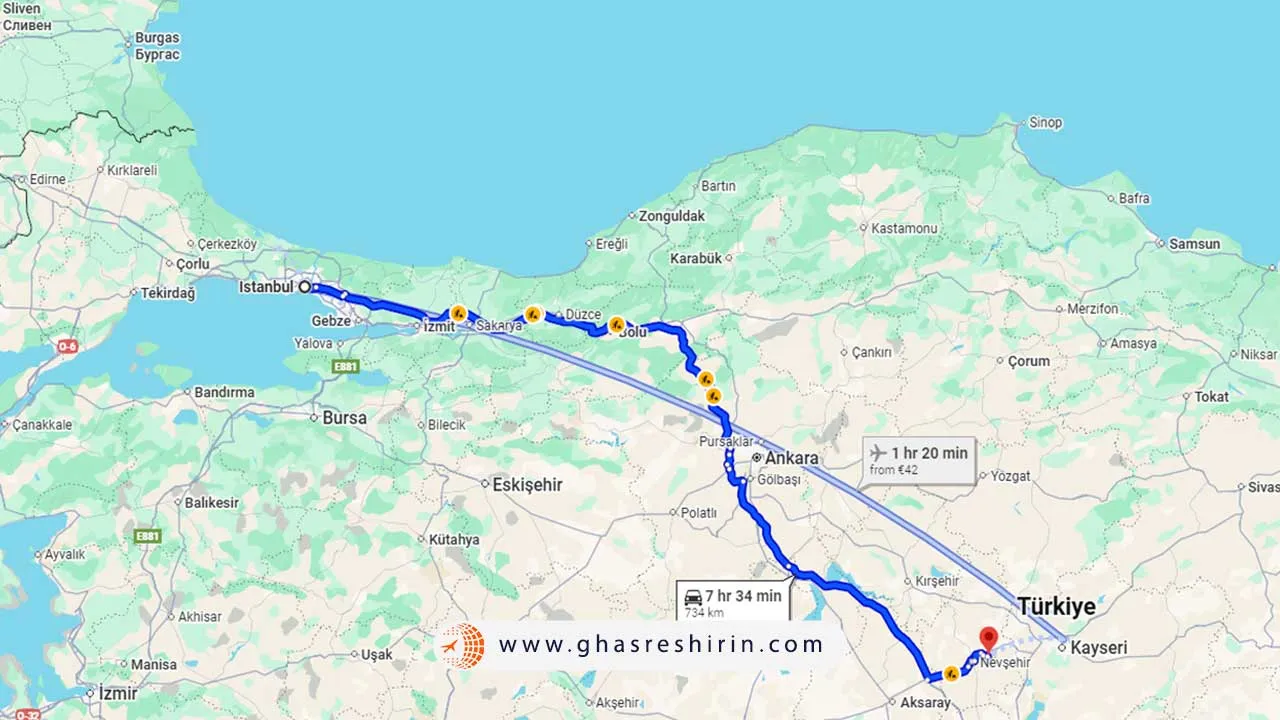 فاصله استانبول تا کاپادوکیا