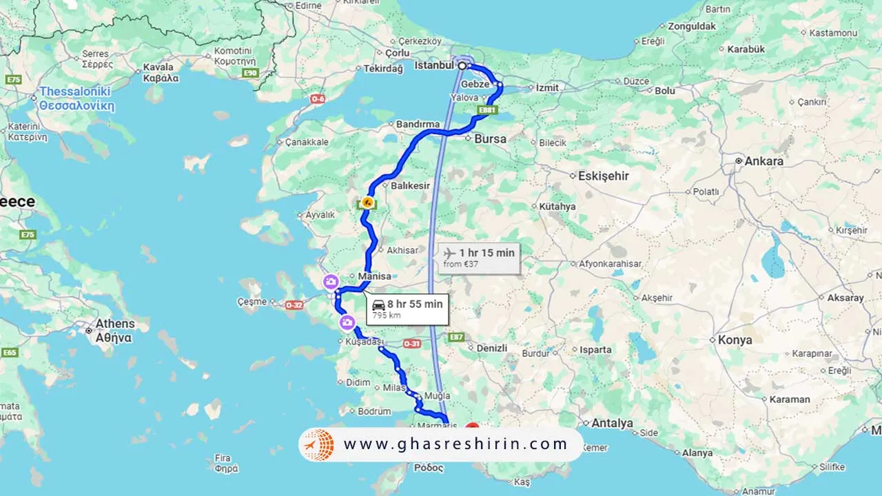 فاصله استانبول تا شهر فتحیه