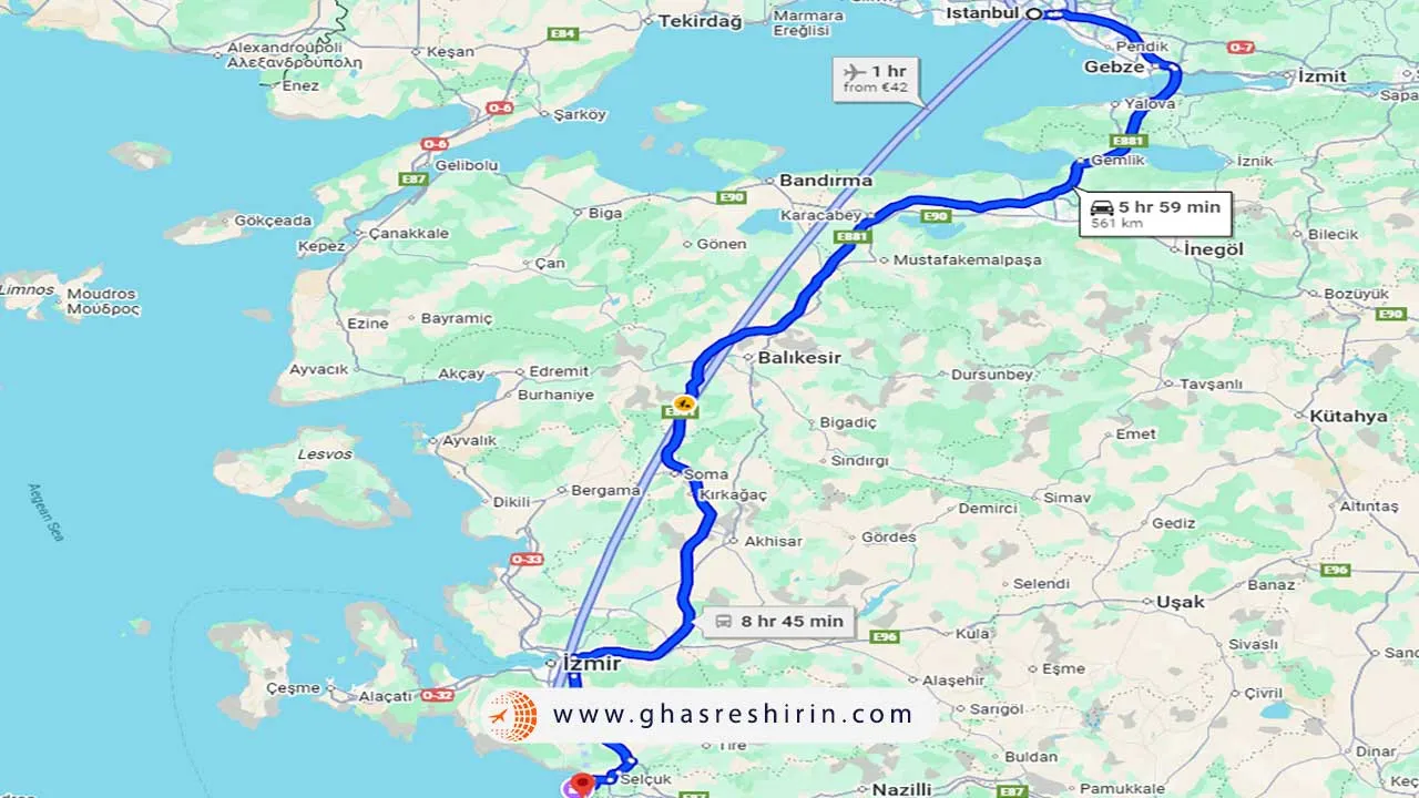 فاصله استانبول تا کوش آداسی