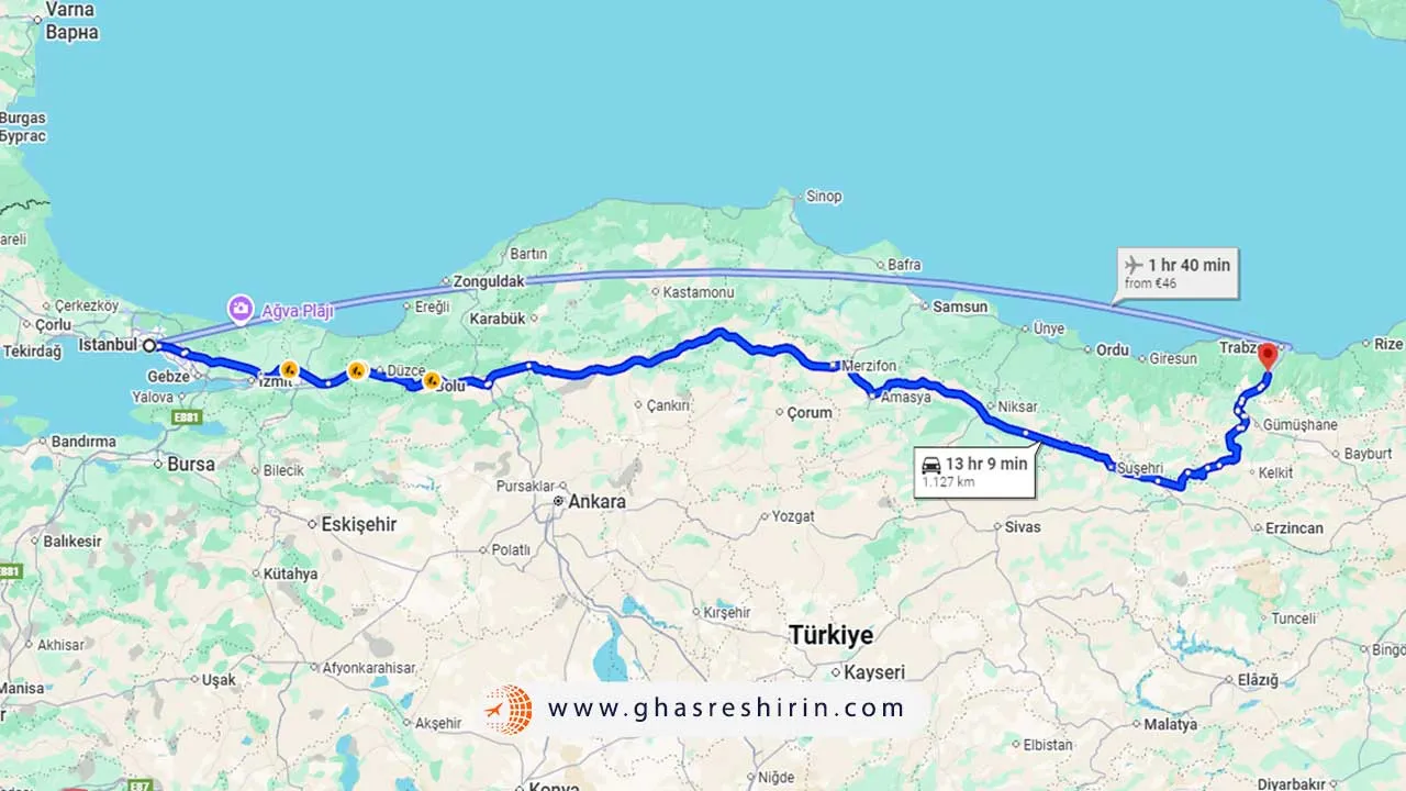 فاصله استانبول تا ترابزون