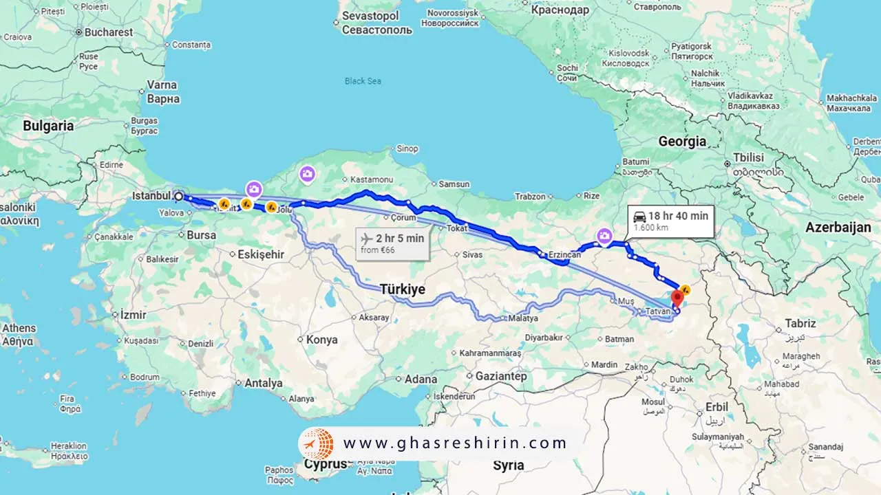 فاصله استانبول تا وان